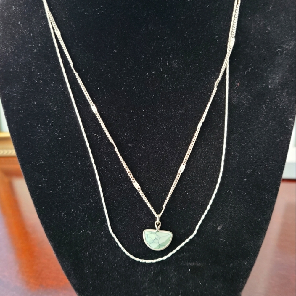 BOGO Silver layered necklace with green stone